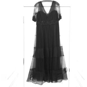 Black beaded tea length evening gown